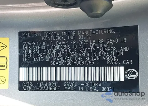 2017 Lexus Es 350 из США, поврежденный, VIN 58ABK1GG1HU061295